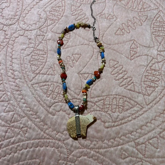 Southwestern Sterling Multi-Gemstone Bear Pendant Necklace - Picture 1 of 4